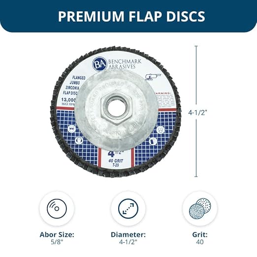 Benchmark Abrasives 4.5" x 5/8"-11 Premium High Density Jumbo Zirconia Type 29 Flap Discs 4 1/2 for Angle Grinder, Sanding Discs, Finishing - Grinding Wheels 4 1/2 Inch (10 Pack) - 40 Grit