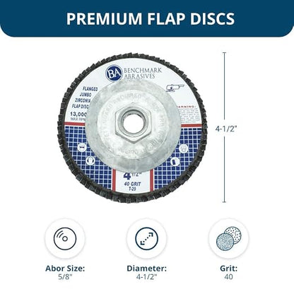 Benchmark Abrasives 4.5" x 5/8"-11 Premium High Density Jumbo Zirconia Type 29 Flap Discs 4 1/2 for Angle Grinder, Sanding Discs, Finishing - Grinding Wheels 4 1/2 Inch (10 Pack) - 40 Grit