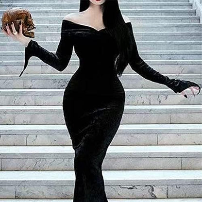 Halloween Addams Costume Dress Adult Women Cosplay Off Shoulder Maxi Long Sleeve Family Party Dresses