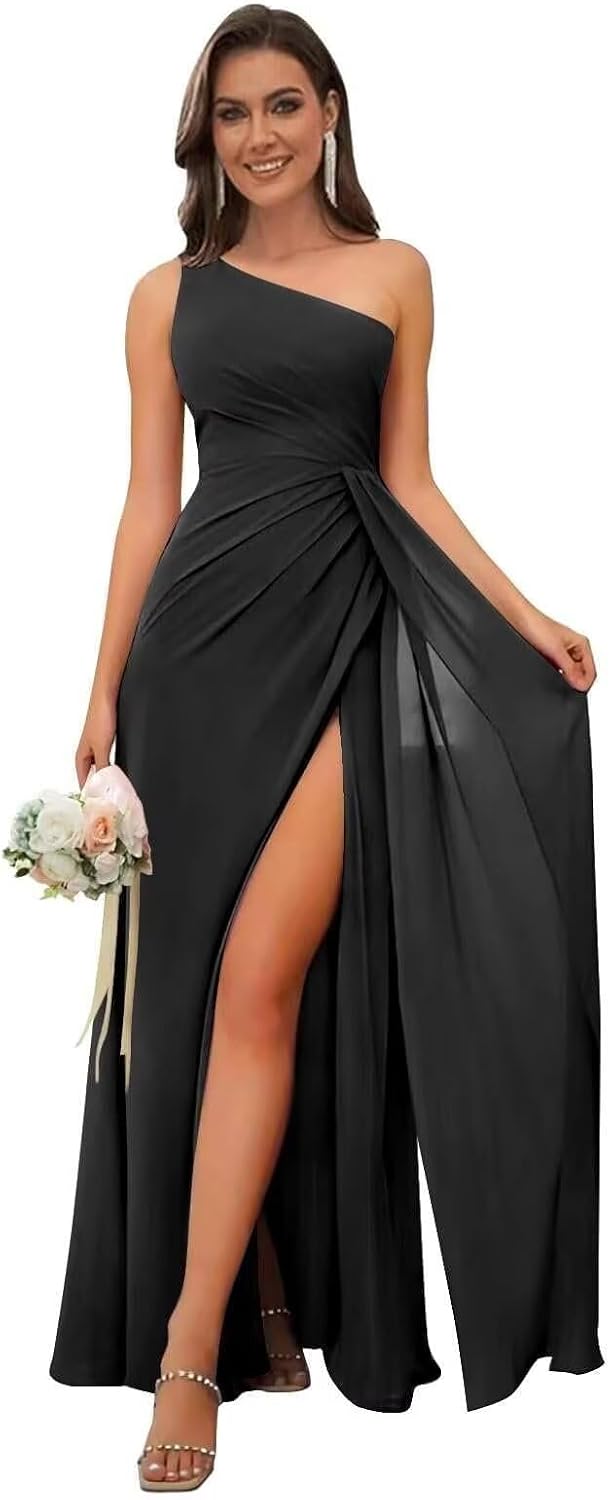Bolodoo One Shoulder Bridesmaid Dresses for Women Ruched Chiffon A Line Evening Formal Gown with Slit .