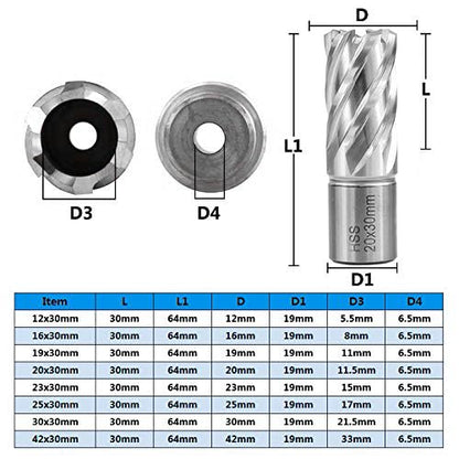 Shank HSS Annular Drill Bit 12-42x30mm TiN Coated Hollow Drill Bit for Metal Cutting Weldon Shank Core Drill Bit (20x30mm)