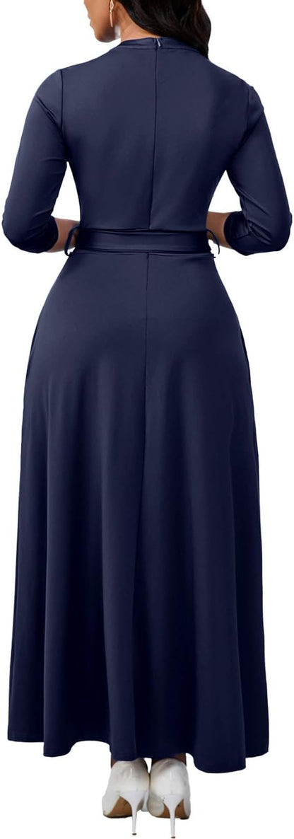 BubFee Maxi Dresses for Women Semi Formal Long Dress 3/4 Sleeve Casual A-line Church Dresses with Pockets
