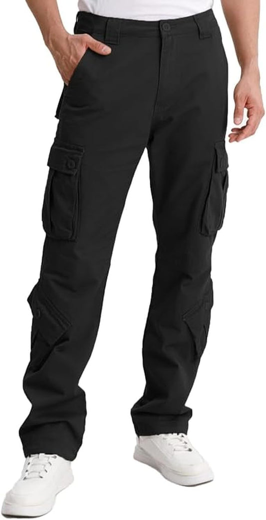 Matchstick Men's Cargo Pants, Cotton 8-Pocket Utility Work Pants, Drawstring Waist Adjustable Hem for Casual, Hiking, Outdoor