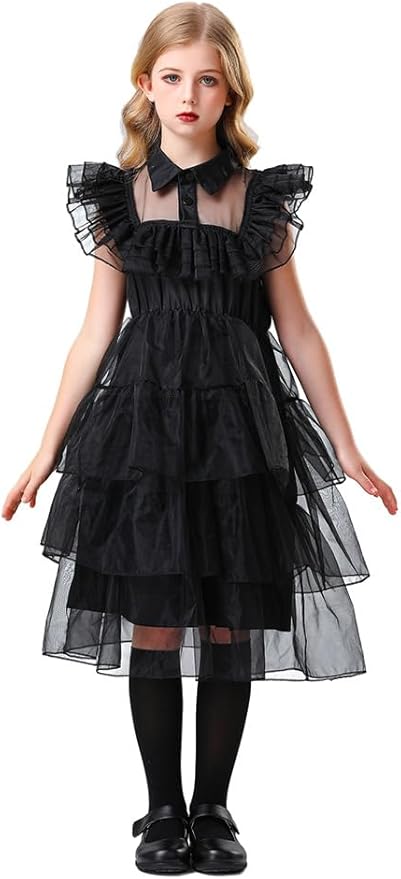 Plustrong Wednesday Addams Black Gothic Cosplay Dress for Girls Halloween Costume