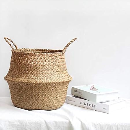 Storage Baskets Laundry Seagrass Baskets Wicker Hanging Flower Pot Baskets Storage Flower Home Pot Panier Osier Basket for Toys (Brown, 22cmX20cm)