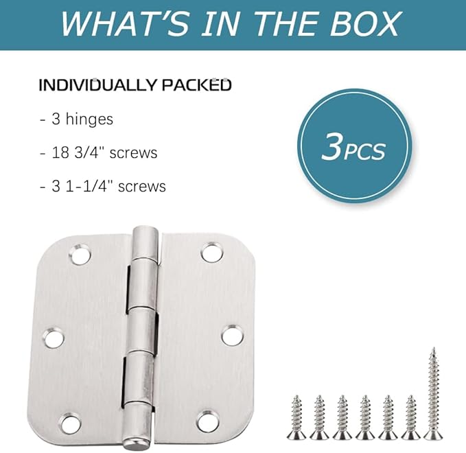 30 Pack Satin Nickel Door Hinges 3.5 inch Brushed Nickel Hinges Rounded 58" Radius Corners Bedroom Residential Standard Indoor Door Hardware Hinge