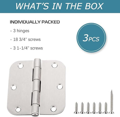 30 Pack Satin Nickel Door Hinges 3.5 inch Brushed Nickel Hinges Rounded 58" Radius Corners Bedroom Residential Standard Indoor Door Hardware Hinge