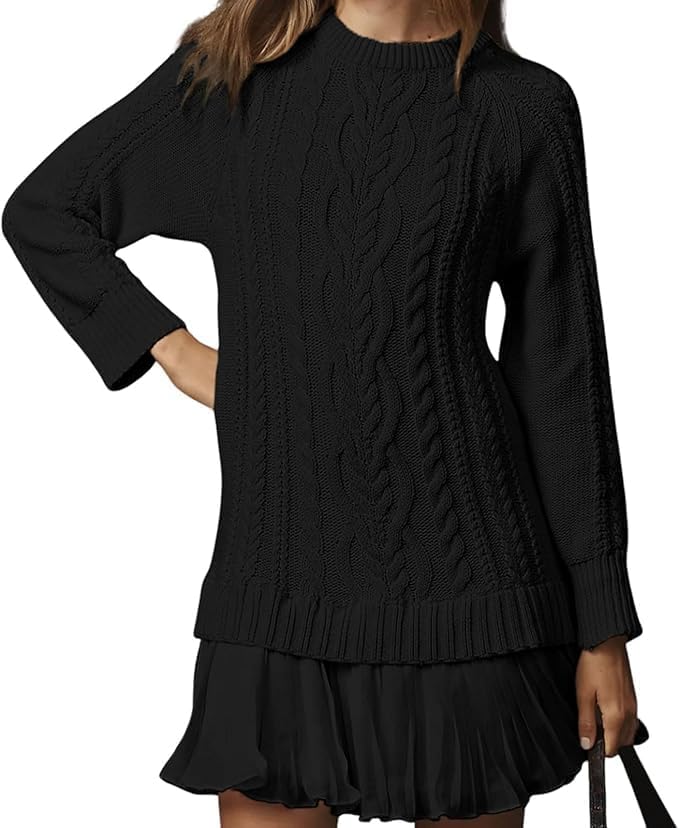 Women Crewneck Cable Knit Sweater Mini Dress Long Sleeve Short Dresses Fall Winter Outfits Patchwork Pleated Knit Pullovers.