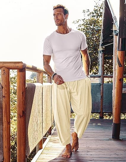 COOFANDY Men's Cotton Linen Harem Pants Drawstring Casual Cropped Trousers Lightweight Loose Beach Yoga Pants with Pockets