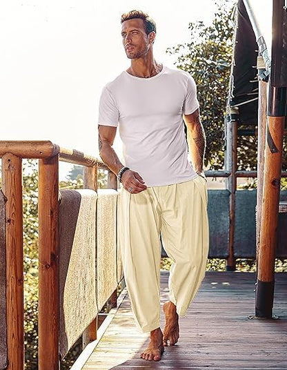 COOFANDY Men's Cotton Linen Harem Pants Drawstring Casual Cropped Trousers Lightweight Loose Beach Yoga Pants with Pockets