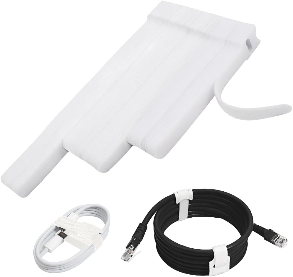 M METERXITY 60-Pack Reusable Cable Ties, 8 in Fastening Adjustable Hook and Loop Tie Wrap Cable Straps Wire Ties Multi-Purpose Cable Ties for Office/Home/Data Centers [White] (Not Original Packaging)