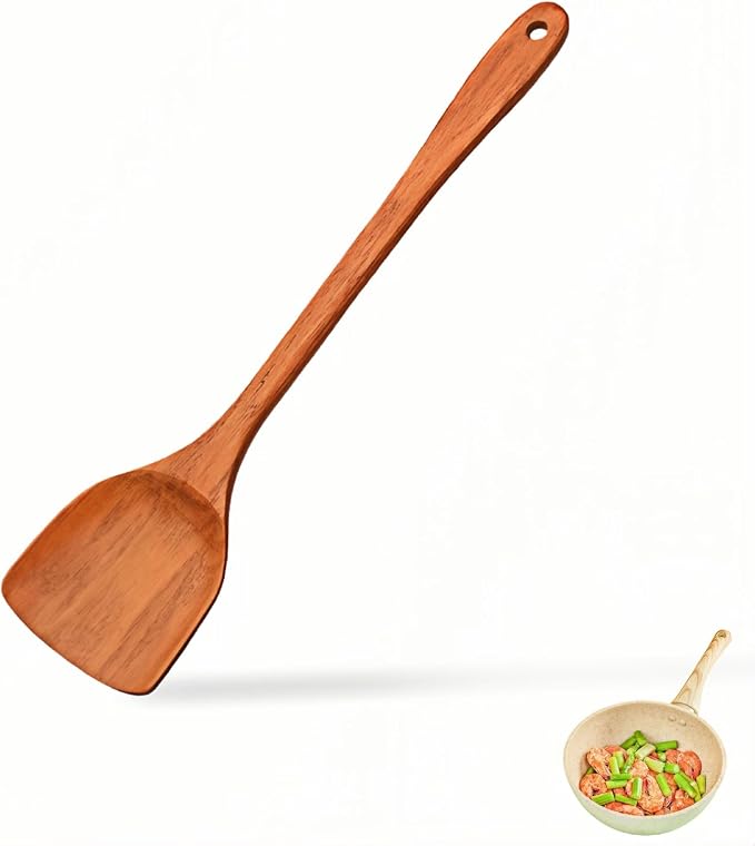 Natural Cork Wood Cooking Spatula, Long Handle Kitchen Turner, 13 Inch Wooden Spatula with Lacquer Technology, Non-Stick Pan Safe, Kitchen Utensil for Cooking, Camping