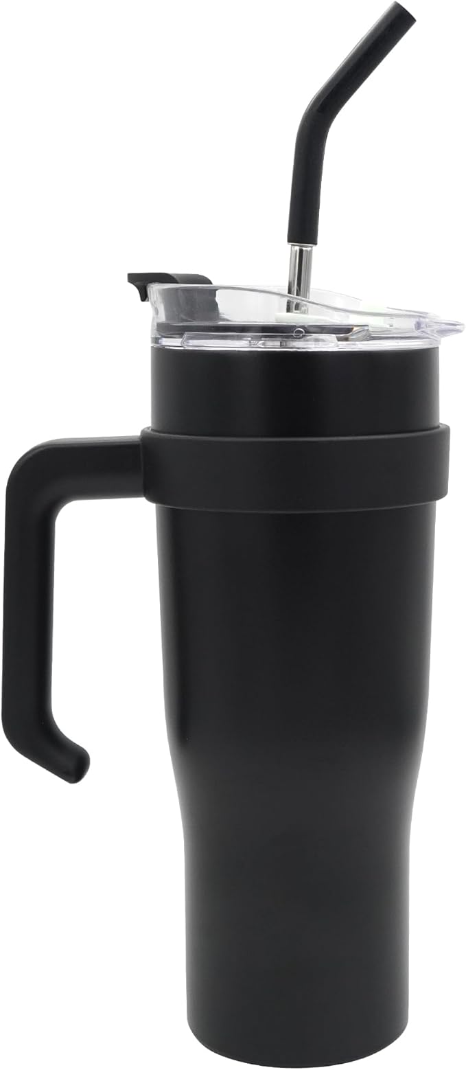 40oz Tumbler with Handle and Straw Lid, Vacuum Insulated Water Bottle for Home, Office or Car, Double Wall Vacuum Leak Proof Ice Coffee Thermal Cup (Black-005)