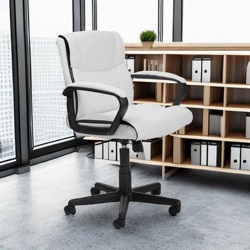 Basics Office Computer Task Desk Chair with Padded Armrests, Mid-Back, Adjustable, 360 Swivel, Rolling, 275 Pound Capacity, 24.2"D x 24"W x 38.6"H, BIFMA Certified, White Faux Leather