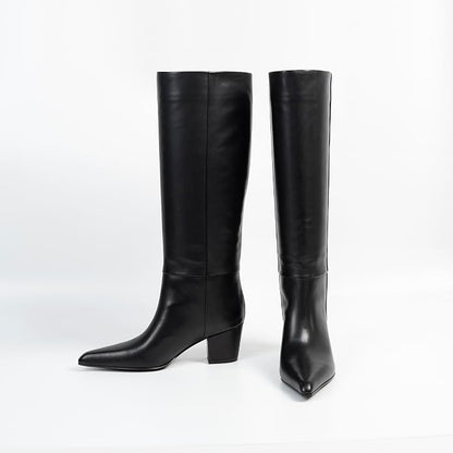 PECHORL Genuine Leather Knee High Boot Pointed Toe Chunky Heel | Classic Fashion Long Tall Boots Wide Calf Pull On Pointed Toe Block Heeled Elegant Comfortable Party Dress Shoes