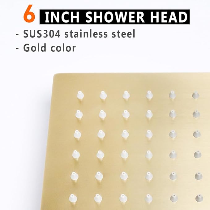 6 Inch Rain Shower Head, BSTIIU High Flow Stainless Steel Square Rainfall ShowerHead, High Pressure Overhead Shower Heads, Wall & Ceiling Mount Ultra Thin Stainless Steel Shower Head, Brushed Gold