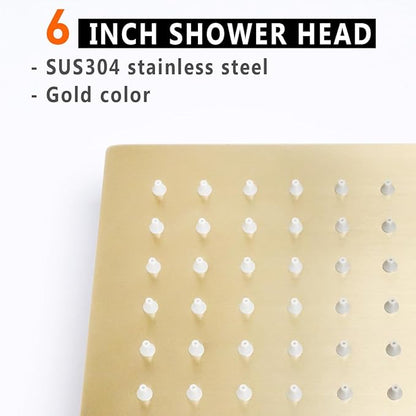 6 Inch Rain Shower Head, BSTIIU High Flow Stainless Steel Square Rainfall ShowerHead, High Pressure Overhead Shower Heads, Wall & Ceiling Mount Ultra Thin Stainless Steel Shower Head, Brushed Gold