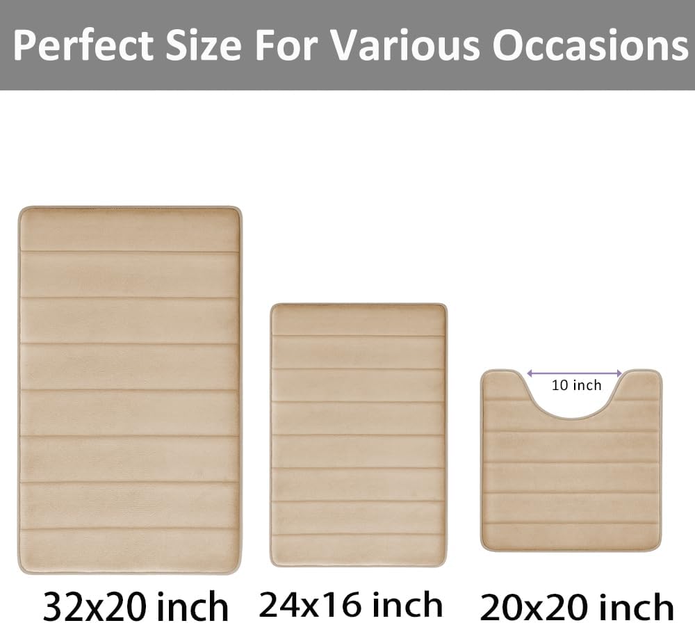 Memory Foam Bath Mat Set 3 Piece, Soft and Comfortable, Super Water Absorption, Non-Slip, Thick, Machine Wash, Easier to Dry for Bathroom Floor Rug, Beige Toilet Rug Bathroom Set (PVC backing design looks different than picture)