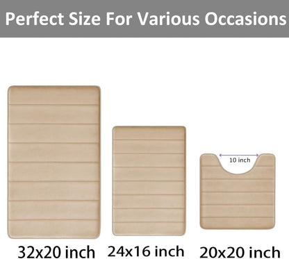 Memory Foam Bath Mat Set 3 Piece, Soft and Comfortable, Super Water Absorption, Non-Slip, Thick, Machine Wash, Easier to Dry for Bathroom Floor Rug, Beige Toilet Rug Bathroom Set (PVC backing design looks different than picture)