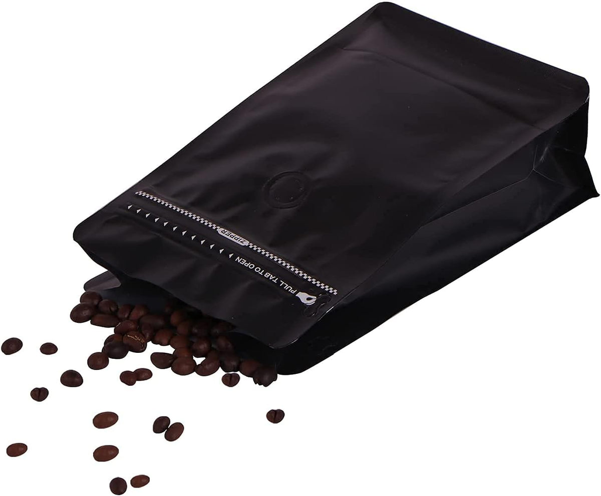 REMTAP Coffee Bags with Valve(50pcs,12 oz,3/4 lb) balck High Barrier Aluminumed Foil Flat Bottom Standing Coffee Beans Storage Bags,Reusable Heat Sealable Side Zipper Pouches for Home or Store