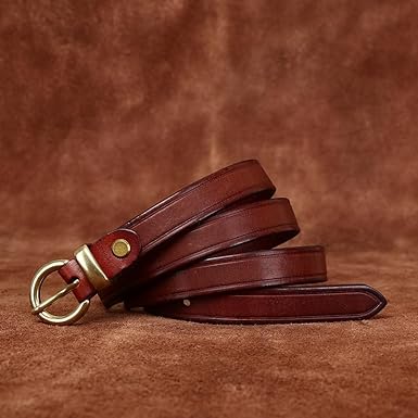 Skinny Women Vintage Distressed Leather Belts 0.7" Thin Waist Strap With Half-Circle Gold Buckle For Jeans Pants