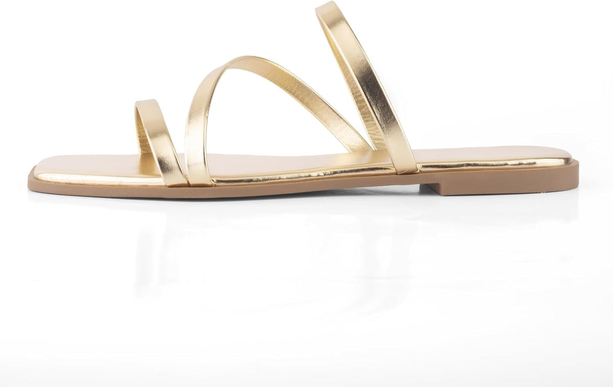 Strappy Flat Sandals For Women Slip On Square Open Toe Slides Sandals