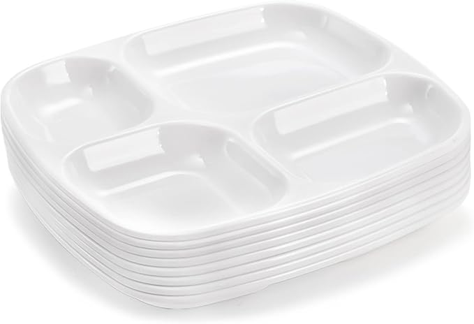 Dicunoy 8 PCS Divided Meal Tray, 10 Inch Melamine Dinner Plates for Adults, Sectional 4 Compartments Portion Control Plate Reusable Serving Platter for Salad, Noodles, Camping, Picnics