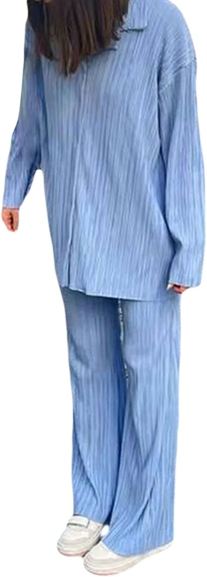 Fuguibadn Women 2 Piece Lounge Outfit Casual Long Sleeve Button Down Shirt Flared Pleated Wide Leg Pants Set Streetwear.