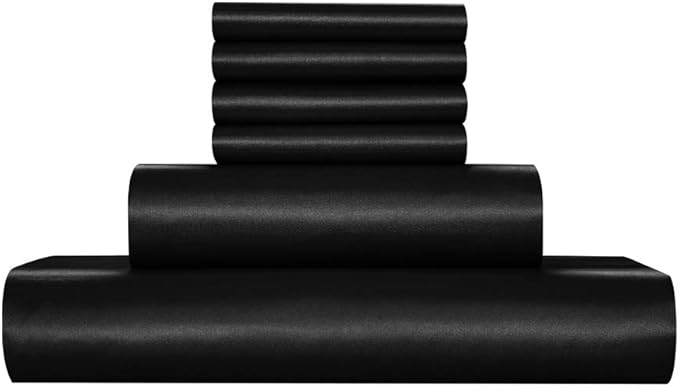 AiMay 6 Piece Satin Bedding Sheet Set Queen Black Deep Pocket 1800 Series Luxury Rich Silk Silky Super Soft Solid Color 4 Pillowcases Reversible Sexy Honeymoon Wrinkle Free (Queen,Black)