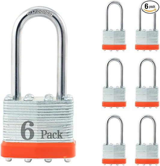 ZonRo Locks Laminated Steel Keyed Padlocks,Keyed Alike Locks, 1-916 inch Wide,Long Shackle Padlocks, Pack of 6,Orange Hoop, for Hasp Latch, Sheds, Fences, Storage Locker, School, Gym