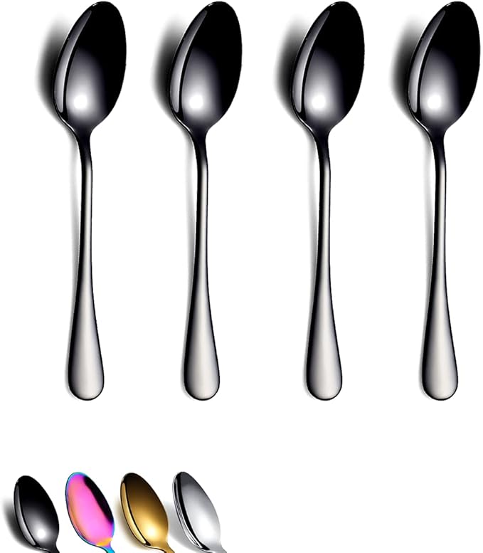 Black Teaspoons 6.5" Set of 4, Berglander Stainless Steel Titanium Plating Shiny Black Tea Spoons Silverware, Tea Spoon Small Dessert Spoon Teaspoon Sturdy And Easy To Clean Dishwasher Safe