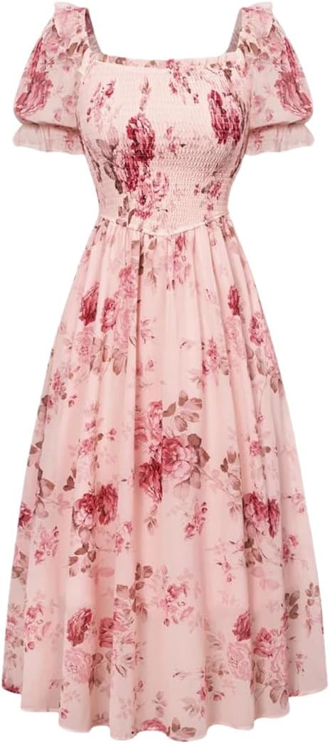 Women Vintage Chiffon Floral Print Dress Short Sleeve Square Collar Midi A-Line Dress Robe