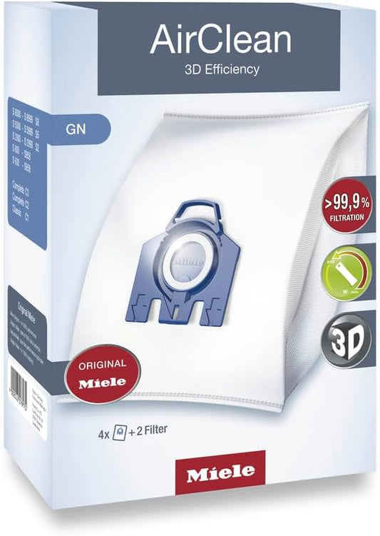 Miele 10123210 AirClean 3D Efficiency Dust Bag, Type GN, 4 Bags  2 Filters, White