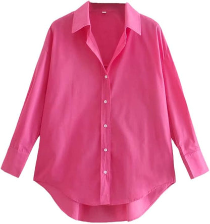 Women Color Casual Slim Office Long Blouse Tops Summer Simple Retro Lantern Sleeve Lapel Shirts