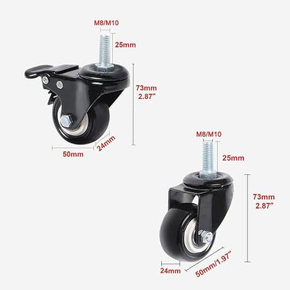 360 Degree Swivel Caster with M8M10 x 25mm Threaded Stem PU Office Chair Caster Wheels No Noise Wheels for Chair and Furniture (Color : 2 Pcs with Brake, Size : 1.5 inch)