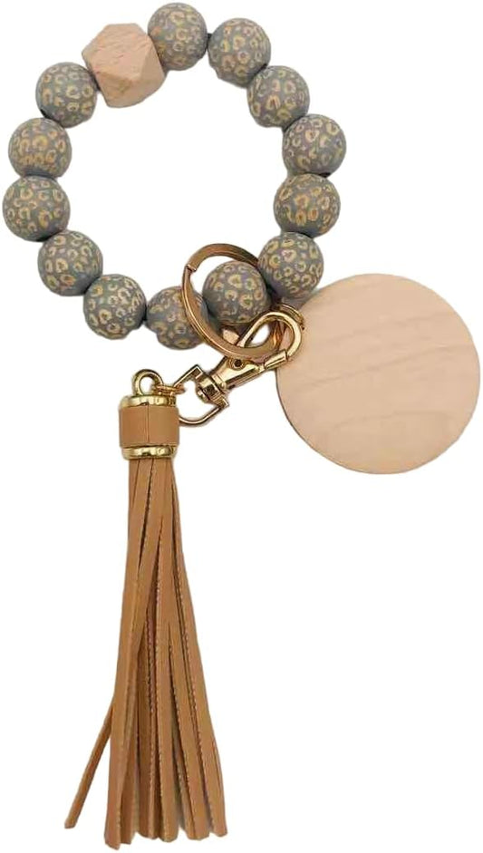 Handmade Newest Bohemian Pattern Ethnic design Style beaded wristlets Wooden Bead Bracelet Tassel Keychain with disc
