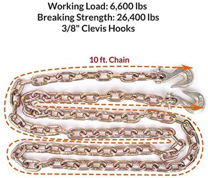 Aain 2 Pack Transport Chain with 3/8" Clevis Hooks NACM Standard Grade 70,3/8"x10', Heavy Duty Binding Chain.