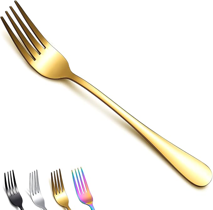 Gold Dinner Forks of 4, Berglander 7.9" Stainless Steel Titanium Shiny Gold Plating Fork Set, Forks And Spoons Silverware, Golden Table Forks Set Sturdy And Dishwasher Safe