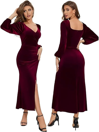 Womens Wrap Neck Velvet Dresses Long Sleeves Mermaid Prom Party Gowns Zipper Split Formal Work Dresses