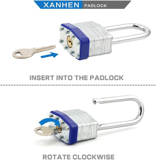 Lock Outdoor Padlocks, Key Lock, Padlocks with Same Key - Laminated Steel Keyed Padlocks with Long Shackle, 2 Pack, for Hasp Latch, Sheds, Fences, Storage Locker, School, Gym