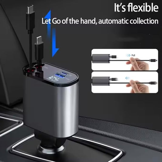 4-in-1 Retractable Car Charger USB Type C Cable - 120W Fast Charging Adapter with Dual USB Ports  Retractable Cable, Compatible with iPhone, Samsung Galaxy and Pixel Phones.