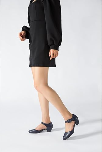 Enelauge Women's Navy Ankle Strap Closed Toe Low Chunky Heel Dress Work Pumps
