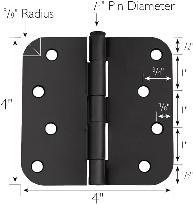 2-Pack 4-Inch x 4-Inch Interior Door Hinges with 5/8-Inch Radius, Matte Black, Heavy Duty Steel Construction, Left- or Right-Handed – Design House, 188979