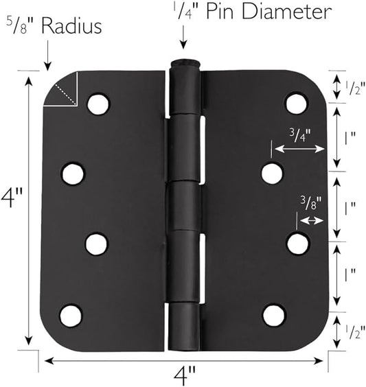 2-Pack 4-Inch x 4-Inch Interior Door Hinges with 5/8-Inch Radius, Matte Black, Heavy Duty Steel Construction, Left- or Right-Handed – Design House, 188979