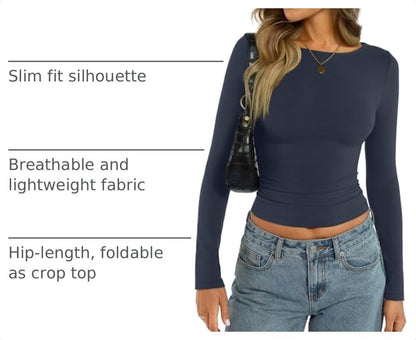 EasyGala Womens Cotton Boat Neck Long Sleeve Shirts Basic Going Out Stretchy Slim Fit Y2k Crop Tops
