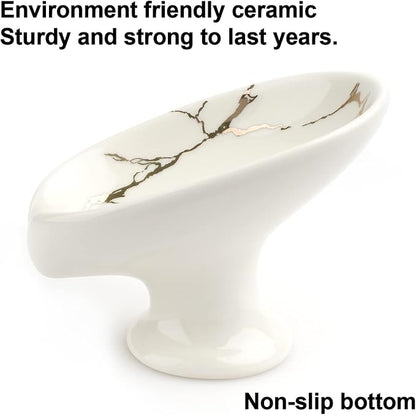 Self-Draining Soap Dish White Ceramic with Marble Brush Gold Soap Holder Waterfall Soap Dish Soap Savers for Bar Soap, for Bathroom, for Shower, for Bar Counter.