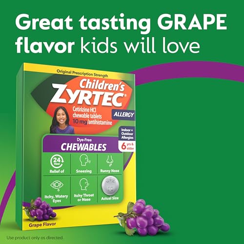 Zyrtec Children's Dye-Free Chewables for 24 Hour Allergy Relief, 10 mg Cetirizine Hydrochloride Antihistamine Tablets, Kids Allergy Medicine Relieves Sneezing & Itchy Throat, Grape, 24 ct