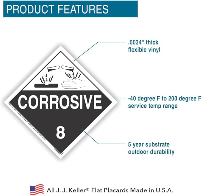 Class 8 Corrosive Placard, Worded, 10.75" x 10.75" Removable Self Adhesive Economy Vinyl for Short-Term Applications, DOT Hazmat Compliant, 25 Pack, J. J. Keller  Associates, Inc.