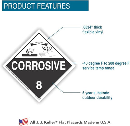 Class 8 Corrosive Placard, Worded, 10.75" x 10.75" Removable Self Adhesive Economy Vinyl for Short-Term Applications, DOT Hazmat Compliant, 25 Pack, J. J. Keller  Associates, Inc.