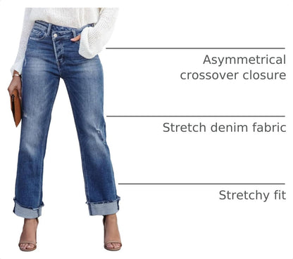 Metietila Jeans for Women Trendy High Waisted Corssover Boyfriend Jeans Distressed Stretchy Denim Pants